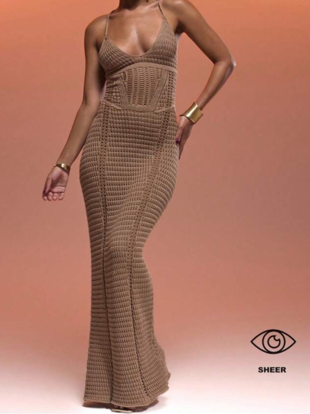 Taupe Crochet Spaghetti Strap Maxi Dress Size US 4 Vacation Resort /Swim Coverup